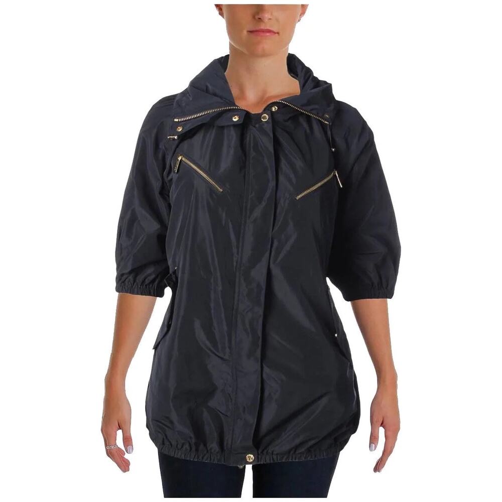 Michael Michael Kors Blue Gold Zip Hooded Jacket Sz S 1/2 Sleeve Lightweight
